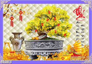 Tranh chậu bonsai wall 3d mai vàng nở rộ chúc phúc treo tường