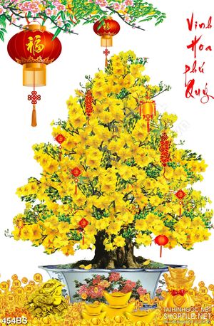 Tranh chậu bonsai mai vàng mừng xuân vinh hoa phú quý in psd
