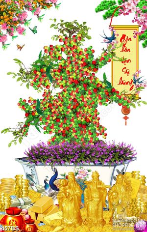 Tranh chậu bonsai trang trí câu may đầu năm sung túc dán tường