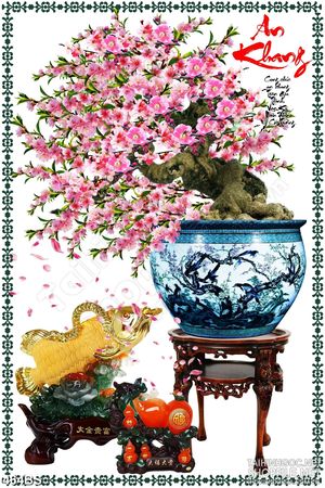 Tranh chậu bonsai wall 3d hoa đào khoe sắc an khang treo tường