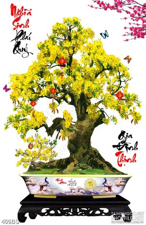 Tranh chậu bonsai 3d treo tường mai vàng bên thư pháp gia đình