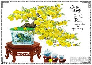 Tranh chậu bonsai in gạch men mai vàng trên chiếc kệ gỗ