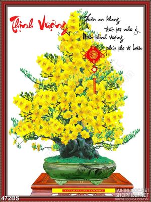 Tranh chậu bonsai psd mai vàng đón tết thịnh vượng treo tường