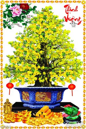 Tranh chậu bonsai in canvas mai vàng khoe sắc bên tượng thần tài