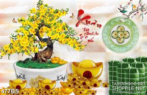 Tranh chậu bonsai in 5d mái vàng bên bánh chưng xanh đón tết