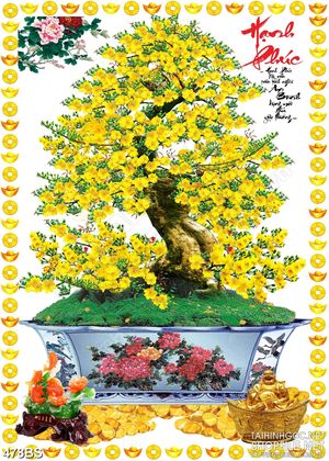 Tranh chậu bonsai mai vàng bên thư pháp hạnh phúc in nghệ thuật