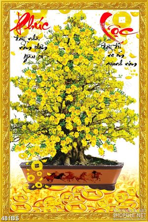 Tranh chậu bonsai in 3d mai vàng và chữ Phúc Lộc chào năm mới