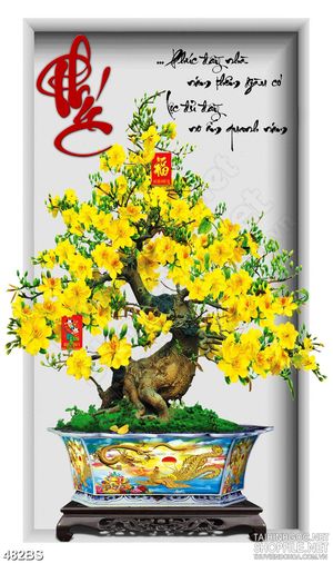 Tranh chậu bonsai treo tường wall 3d mai vàng bên chữ Phúc