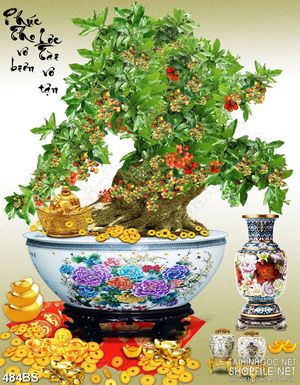 Tranh chậu bonsai in gạch men cây sung sai quả bên Phật Di Lặc