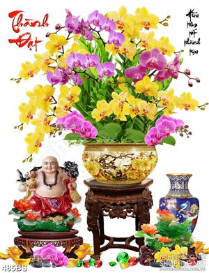 Tranh chậu bonsai phong thủy hoa phong lan bên Phật Di Lặc