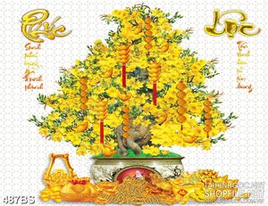 Tranh chậu bonsai mai vàng mừng xuân bên chữ Phúc Lộc in lụa