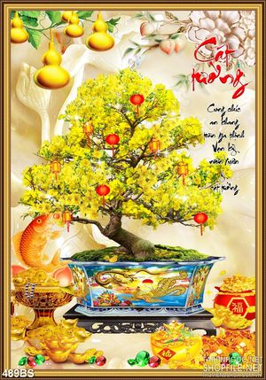 Tranh chậu bonsai mai vàng đón tết bên cá chép vàng in psd