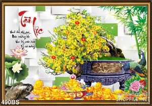 Tranh chậu bonsai in 5d mai vàng và chữ Tài Lộc bên núi kim tiền