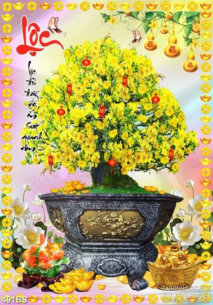 Tranh chậu bonsai mai vàng khoe sắc bên sen trắng in nghệ thuật