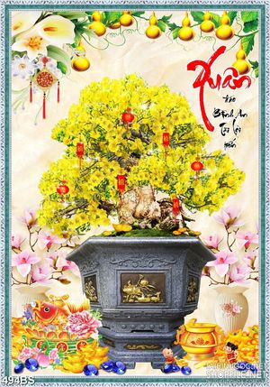 Tranh chậu bonsai in 3d mai vàng nở rộ khoe sắc bên núi kim tiền