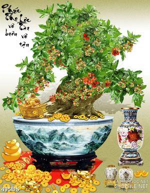 Tranh chậu bonsai cây sung trĩu quả bên Phật Di Lặc wall 3d