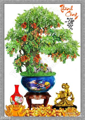 Tranh chậu bonsai in 8d cây sung sai quả bên tượng cừu đúc vàng