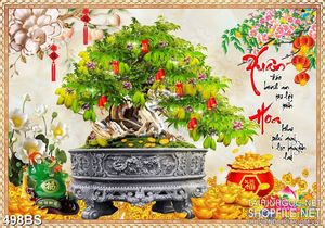 Tranh chậu bonsai phong thủy cây khế sai quả và bông sen trắng