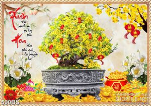 Tranh chậu bonsai in lụa mai vàng và sen trắng bên núi kim tiền