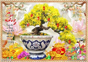 Tranh chậu bonsai mai vàng chúc tết và tiểu linh đồng in canvas