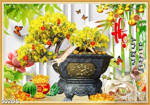 Tranh chậu bonsai in psd mai vàng mừng xuân bên dưa hấu đỏ