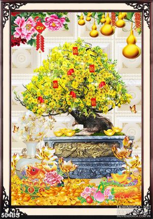 Tranh chậu bonsai in nghệ thuật mai vàng khoe sắc bên hồ sen