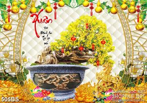 Tranh chậu bonsai mai vàng chúc tết và tượng vàng đúc ngựa in uv