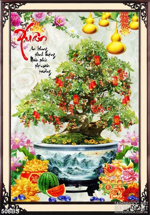Tranh chậu bonsai cây sung trĩu quả bên cá chép đón tết wall 3d