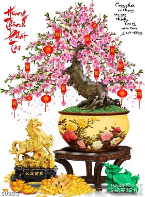 Tranh chậu bonsai in 8d hoa đào nở rộ bên tượng ngựa đúc vàng