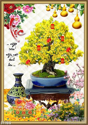 Tranh chậu bonsai phong thủy mai vàng và chữ Lộc bên cá chép