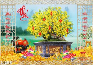 Tranh chậu bonsai decor mai vàng và chữ Phúc bên núi kim tiền