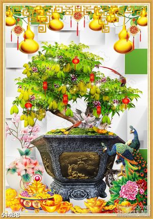 Tranh chậu bonsai in canvas cây khế bên đôi chim công chúc tết