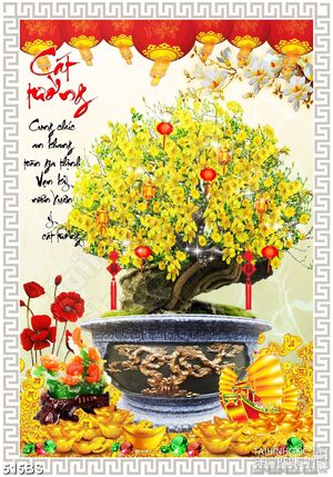 Tranh chậu bonsai psd mai vàng bên con tàu căng buồm đúc vàng