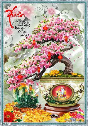 Tranh chậu bonsai in 5d hoa đào khoe sắc bên hồ sen giả ngọc