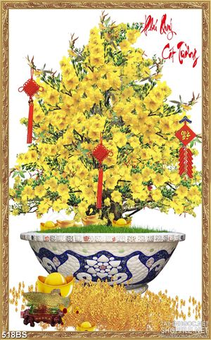 Tranh chậu bonsai in uv mai vàng bên chữ Phú Qúy Cát Tường