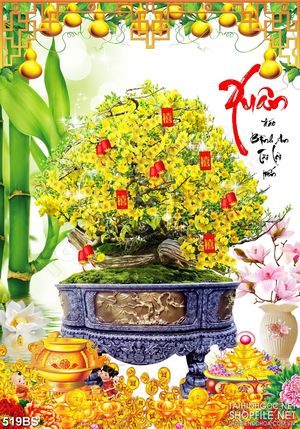 Tranh chậu bonsai trang trí mai vàng bên núi kim tiền đón tết
