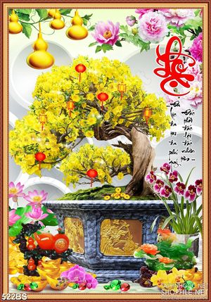 Tranh chậu bonsai in 8d mai vàng bên kì lân giả ngọc treo tường