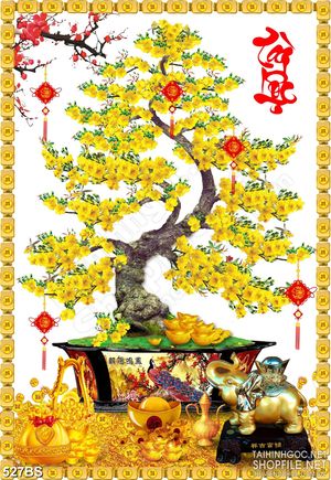 Tranh chậu bonsai mai vàng bên  tượng voi đúc đồng in canvas
