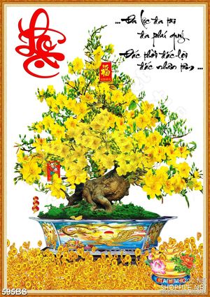Tranh chậu bonsai nghệ thuật mai vàng bên hoa chữ Lộc thư pháp