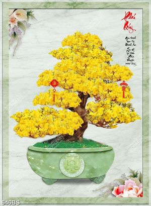 Tranh chậu bonsai phong thủy cây mai vàng bên mẫu đơn