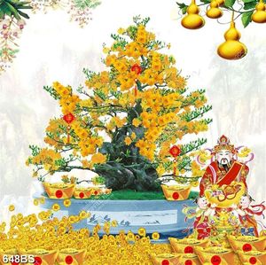 Tranh chậu bonsai in uv cây mai vàng và những thỏi vàng