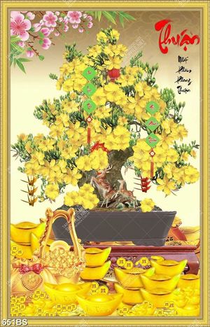 Tranh chậu bonsai cây mai vàng khoe sắc đôi huơu in canvas