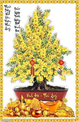 Tranh chậu bonsai psd cây mai vàng nở rộ vinh hoa phú quý