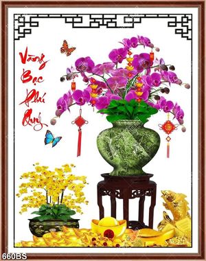 Tranh chậu bonsai nghệ thuật hoa phong lan tím khoe sắc