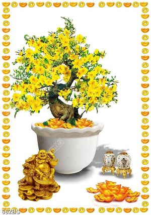 Tranh chậu bonsai in uv cây mai vàng bên tượng phật di lặc
