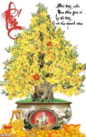 Tranh chậu bonsai cây mai vàng và chữ phúc nghệ thuật
