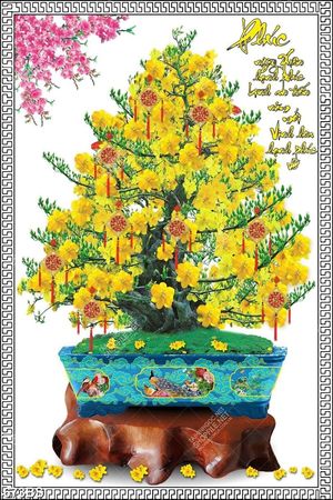 Tranh chậu bonsai psd cây mai vàng bên cành hoa đào đỏ