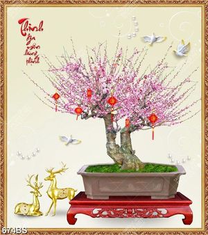 Tranh chậu bonsai cây hoa đào bên đôi hươu vàng nghệ thuật