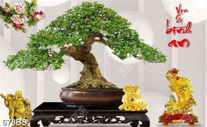 Tranh chậu bonsai treo tường cây sung bên tượng cá chép