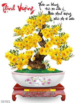 Tranh chậu bonsai dán tường cây mai bên chữ thịnh vượng